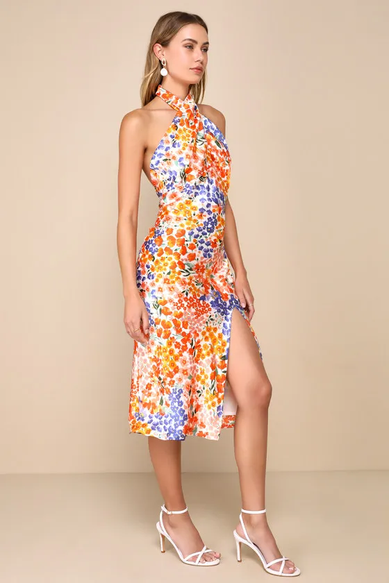 Bold Presence Orange Multi Floral Satin Halter Midi Dress sold by Lulus