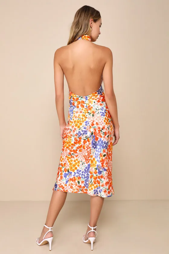 Bold Presence Orange Multi Floral Satin Halter Midi Dress sold by Lulus product image thumbnail 2