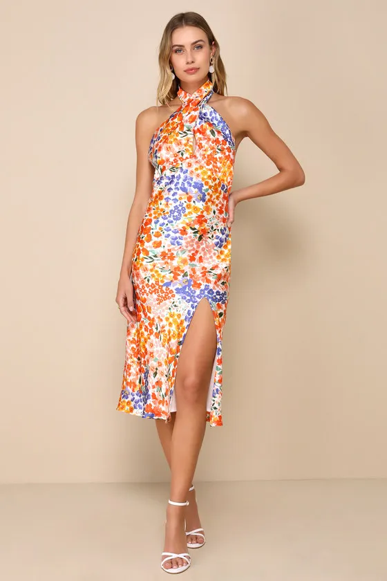 Bold Presence Orange Multi Floral Satin Halter Midi Dress sold by Lulus product image thumbnail 4