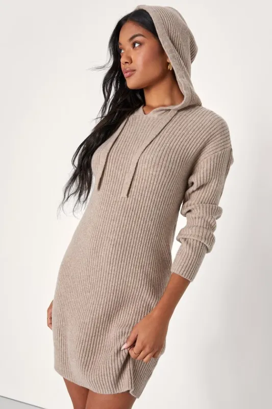 Snuggly Option Heather Taupe Hooded Mini Sweater Dress sold by Lulus