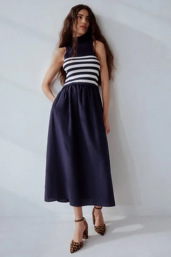 Confident Cues Navy Striped Mixed Media Midi Dress sold by Lulus