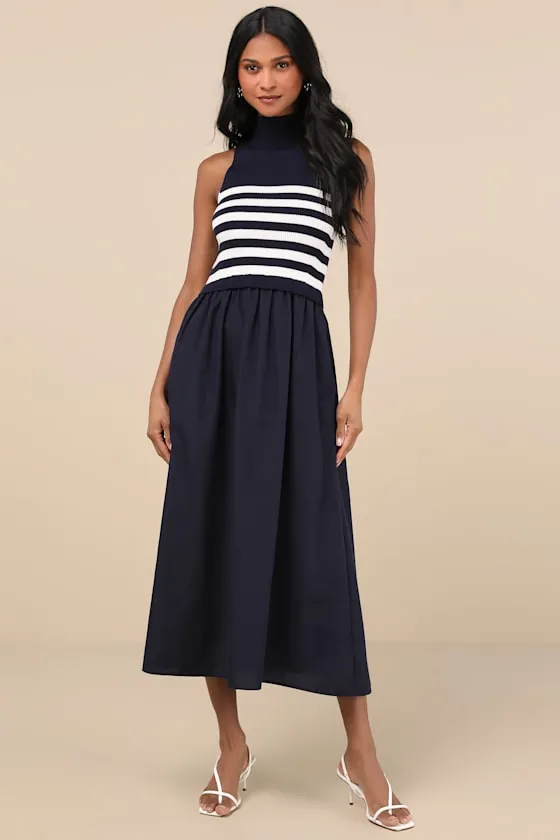 Confident Cues Navy Striped Mixed Media Midi Dress sold by Lulus product image thumbnail 2