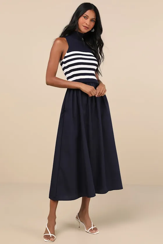 Confident Cues Navy Striped Mixed Media Midi Dress sold by Lulus product image thumbnail 3
