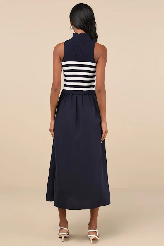 Confident Cues Navy Striped Mixed Media Midi Dress sold by Lulus product image thumbnail 4