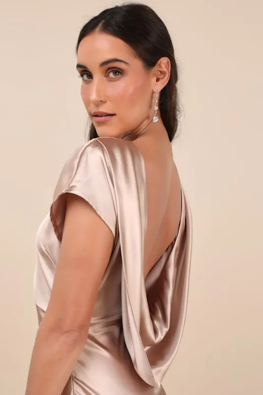 Captivating Presence Champagne Satin Cowl Back Maxi Dress sold by Lulus