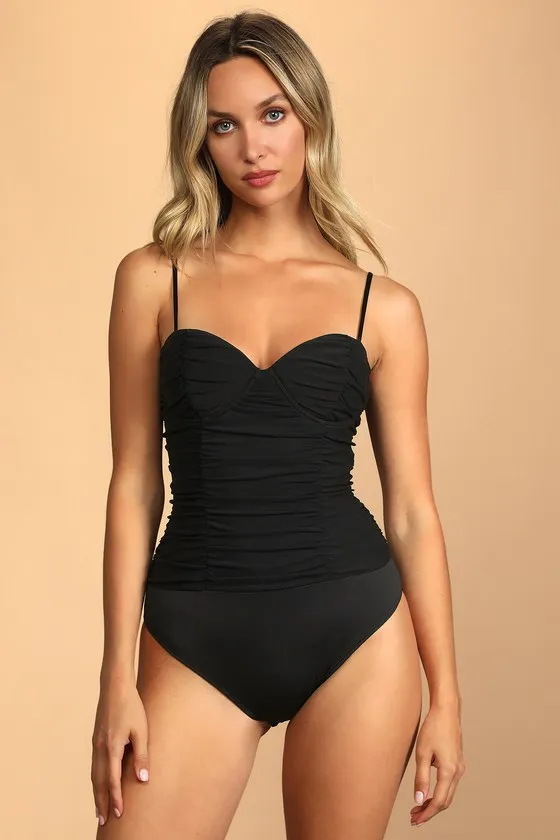 Caught My Attention Black Ruched Bustier Bodysuit sold by Lulus product image thumbnail 4