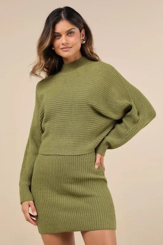 Toasty Times Olive Green Long Sleeve Two-Piece Sweater Dress sold by Lulus
