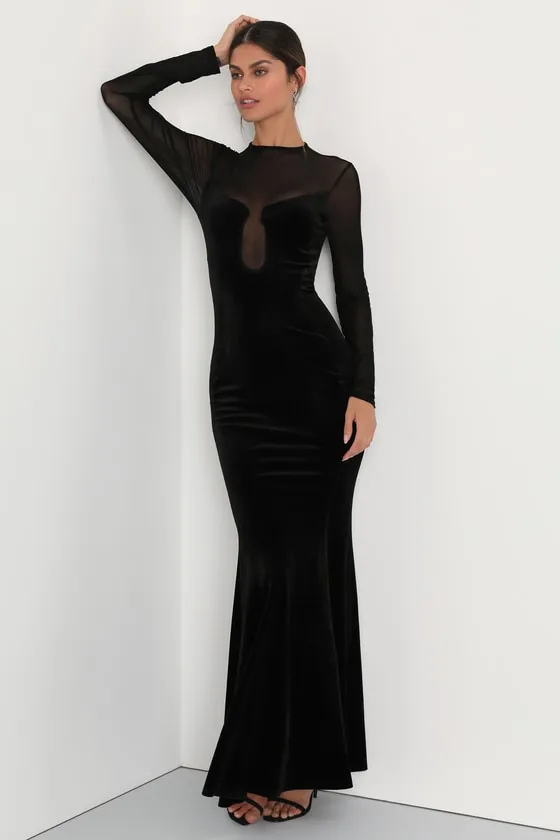 Alluring Fixation Black Velvet Mesh Long Sleeve Maxi Dress sold by Lulus