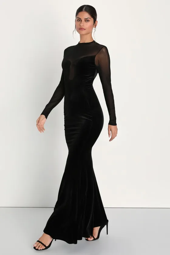 Alluring Fixation Black Velvet Mesh Long Sleeve Maxi Dress sold by Lulus product image thumbnail 2