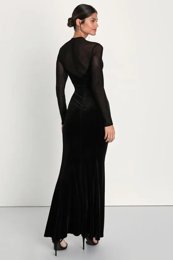 Alluring Fixation Black Velvet Mesh Long Sleeve Maxi Dress sold by Lulus product image thumbnail 3