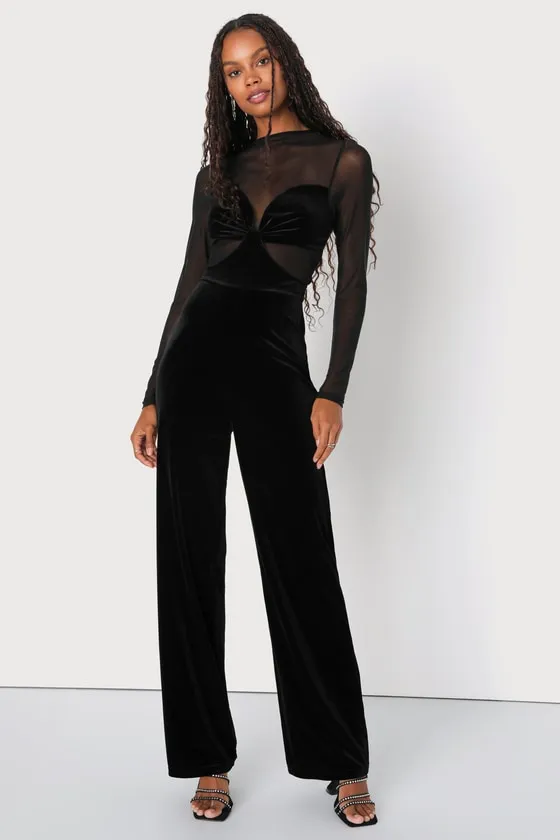 Edgy Charisma Black Mesh Velvet Cutout Long Sleeve Jumpsuit sold by Lulus