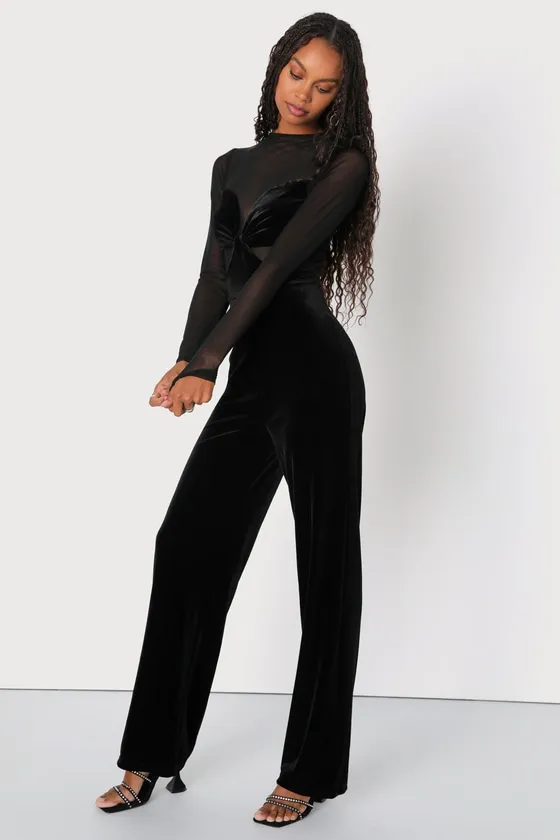 Edgy Charisma Black Mesh Velvet Cutout Long Sleeve Jumpsuit sold by Lulus product image thumbnail 4