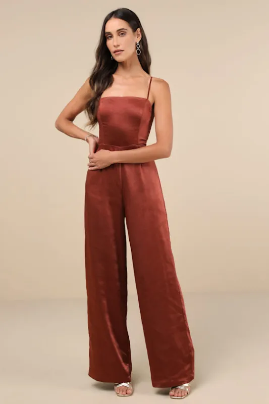 Stylish Brilliance Rust Satin Sleeveless Wide-Leg Jumpsuit sold by Lulus