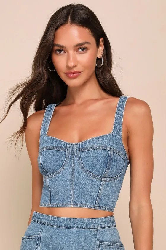 Definite Sweetie Medium Wash Denim Bustier Lace-Up Crop Top sold by Lulus