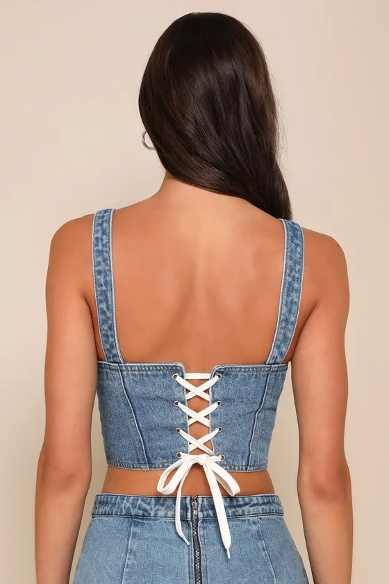 Definite Sweetie Medium Wash Denim Bustier Lace-Up Crop Top sold by Lulus product image thumbnail 2