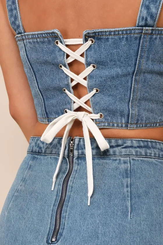 Definite Sweetie Medium Wash Denim Bustier Lace-Up Crop Top sold by Lulus product image thumbnail 4
