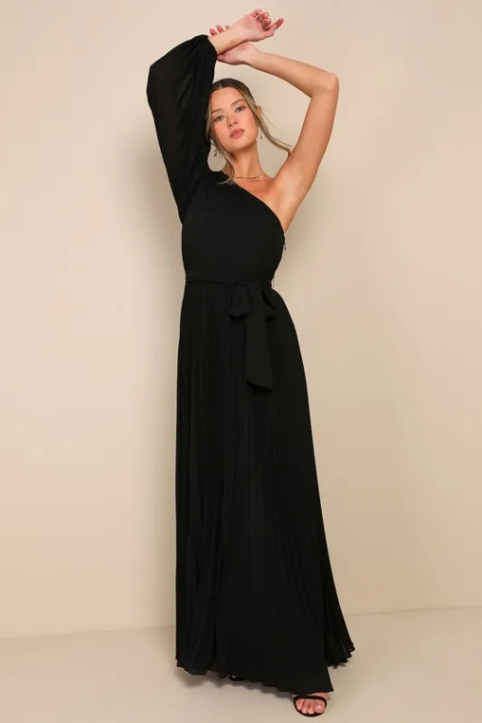 Divine Charm Black Pleated One-Shoulder Maxi Dress sold by Lulus