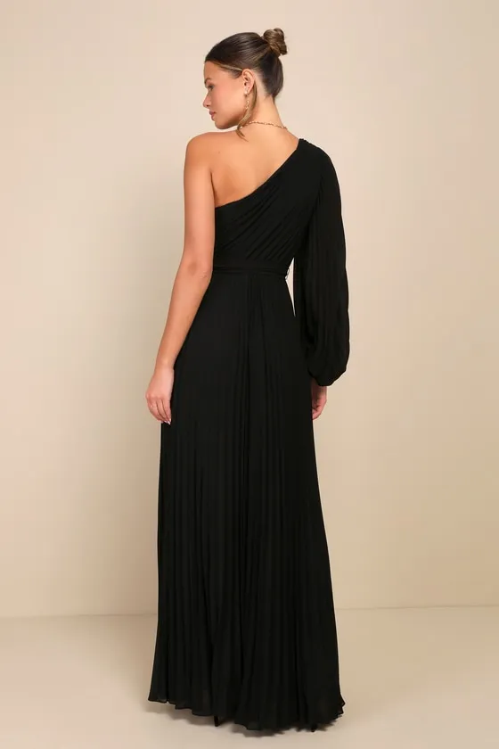 Divine Charm Black Pleated One-Shoulder Maxi Dress sold by Lulus product image thumbnail 2