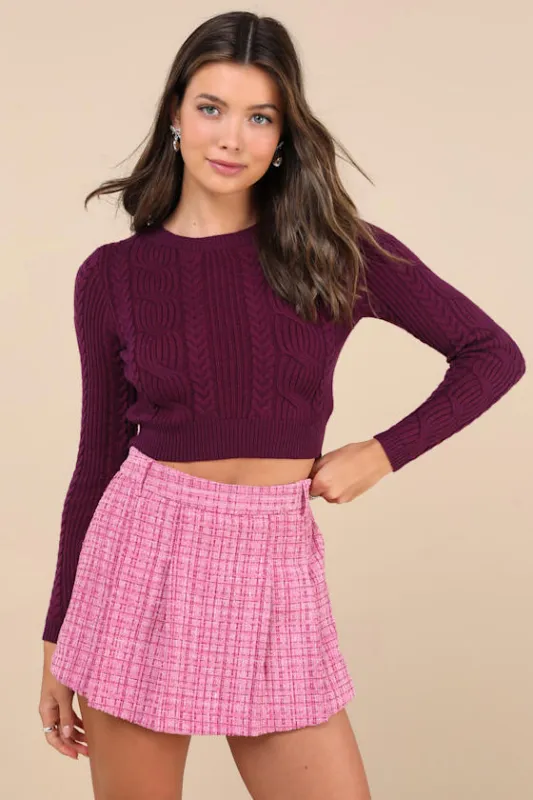 Adored Pose Pink Tweed Lurex Pleated High-Rise Skort sold by Lulus