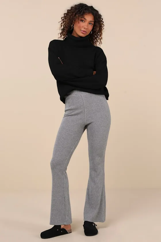 Unmatched Comfort Heather Grey Ribbed Knit Flare Pants sold by Lulus