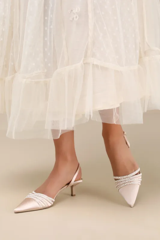 Katalina Champagne Satin Pearl Pointed-Toe Slingback Pumps sold by Lulus