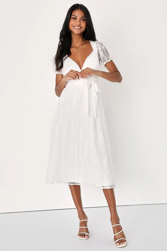 Romantic Prose White Lace Puff Sleeve Midi Skater Dress sold by Lulus