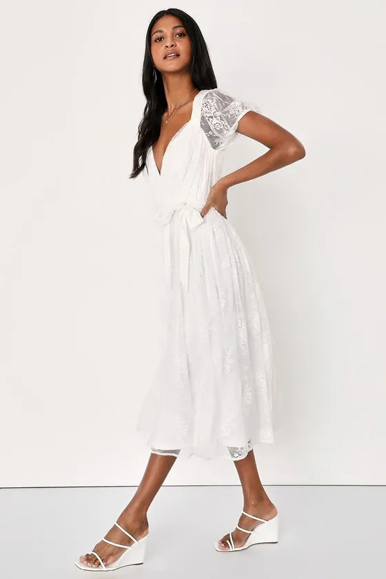 Romantic Prose White Lace Puff Sleeve Midi Skater Dress sold by Lulus product image thumbnail 3