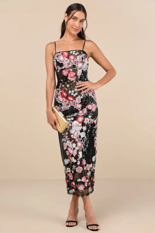 Stunning Impact Black Sheer Embroidered Floral Sequin Midi Dress sold by Lulus