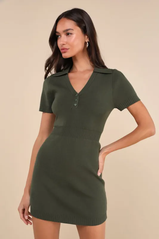 Calculated Charm Olive Green Collared Mini Sweater Dress sold by Lulus
