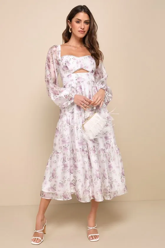 Radiant Afternoon Ivory Floral Cutout Tiered Midi Dress sold by Lulus