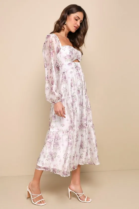 Radiant Afternoon Ivory Floral Cutout Tiered Midi Dress sold by Lulus product image thumbnail 4