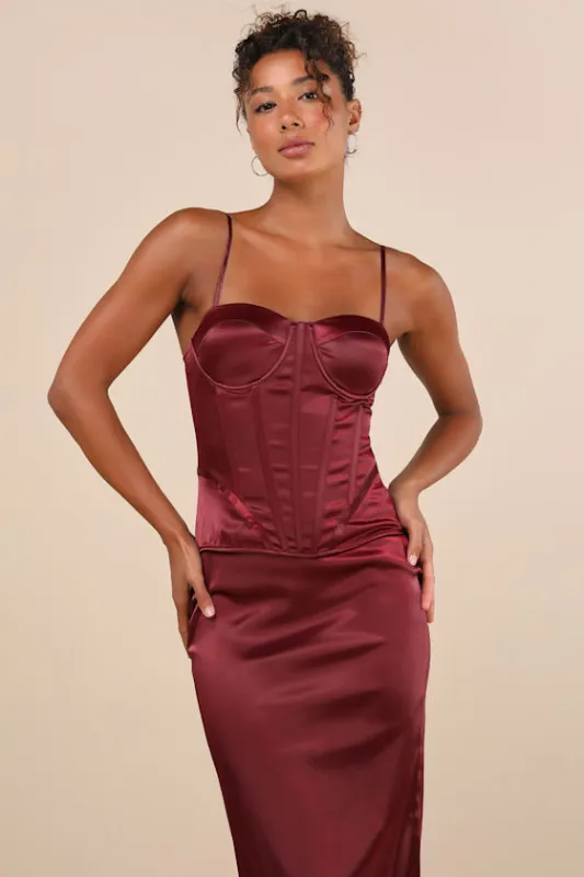 Alluring Duo Wine Satin Bustier Two-Piece Midi Dress made by Lulus