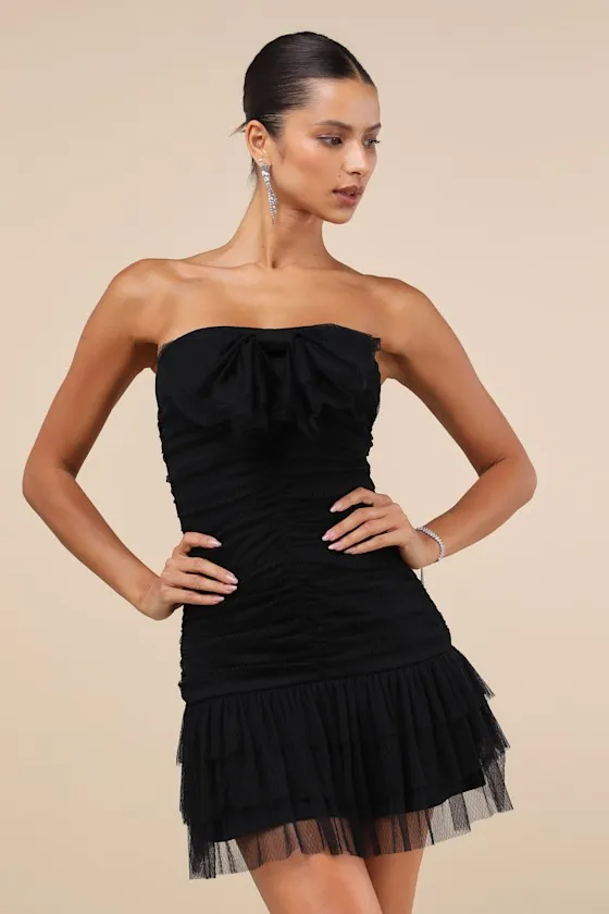 Picture-Perfect Persona Black Mesh Bow Ruched Mini Dress sold by Lulus