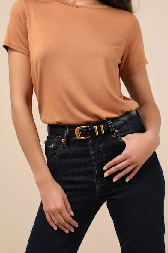 Exclusive Addition Black and Gold Leather Belt sold by Lulus