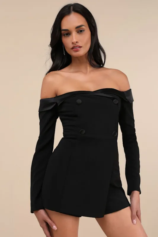 Exquisite Energy Black Off-the-Shoulder Skort Romper sold by Lulus