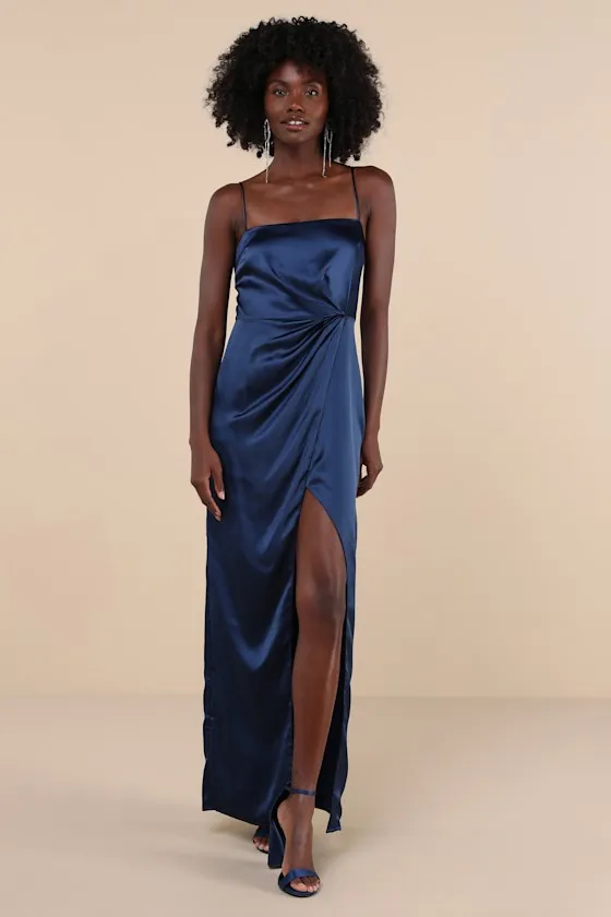 Stunning Expression Navy Blue Satin Pleated Tulip Maxi Dress sold by Lulus