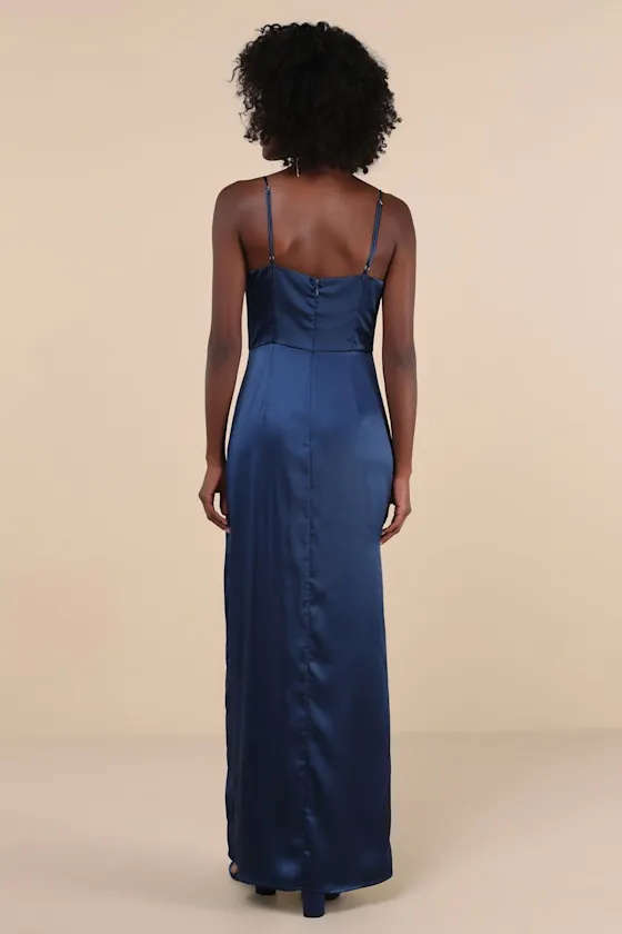 Stunning Expression Navy Blue Satin Pleated Tulip Maxi Dress sold by Lulus product image thumbnail 2