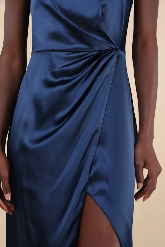 Stunning Expression Navy Blue Satin Pleated Tulip Maxi Dress sold by Lulus product image thumbnail 3