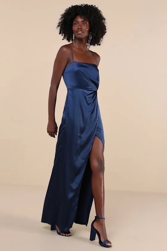 Stunning Expression Navy Blue Satin Pleated Tulip Maxi Dress sold by Lulus product image thumbnail 4