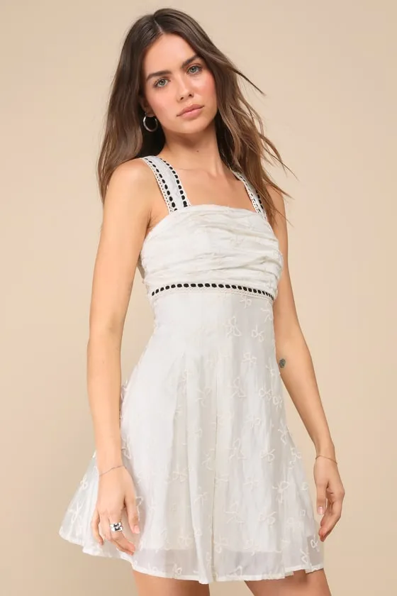 Lovely Affection Ivory Bow Embroidered Crochet Trim Mini Dress sold by Lulus