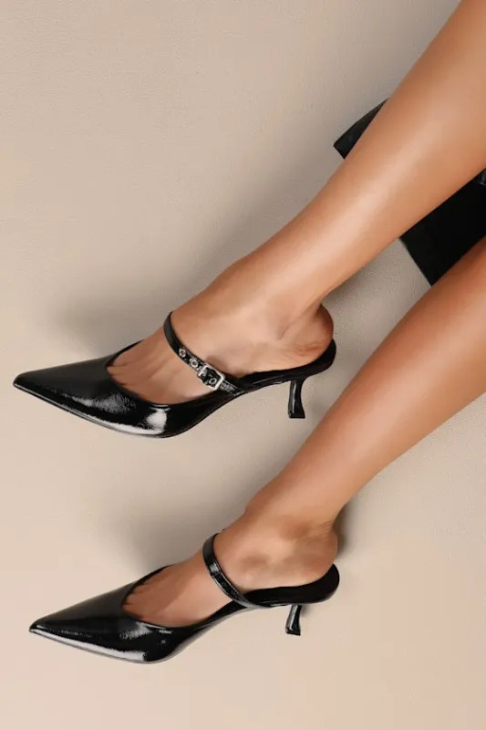 Olinda Black Patent Kitten Heel Mule Pumps sold by Lulus