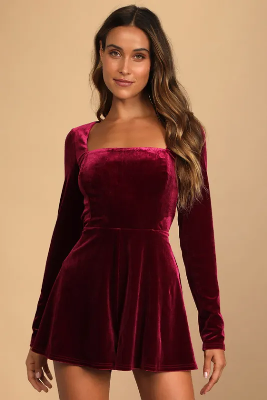 Feeling Cheery Burgundy Velvet Long Sleeve Tie-Back Romper sold by Lulus