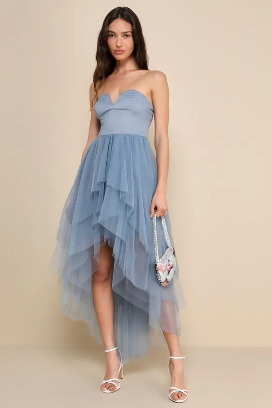 Precious Angel Slate Blue Mesh Strapless High-Low Maxi Dress sold by Lulus