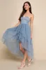 Precious Angel Slate Blue Mesh Strapless High-Low Maxi Dress sold by Lulus