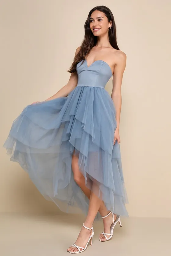 Precious Angel Slate Blue Mesh Strapless High-Low Maxi Dress sold by Lulus product image thumbnail 2