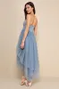 Precious Angel Slate Blue Mesh Strapless High-Low Maxi Dress sold by Lulus