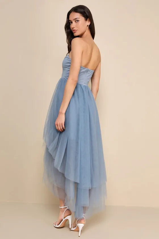 Precious Angel Slate Blue Mesh Strapless High-Low Maxi Dress sold by Lulus product image thumbnail 3