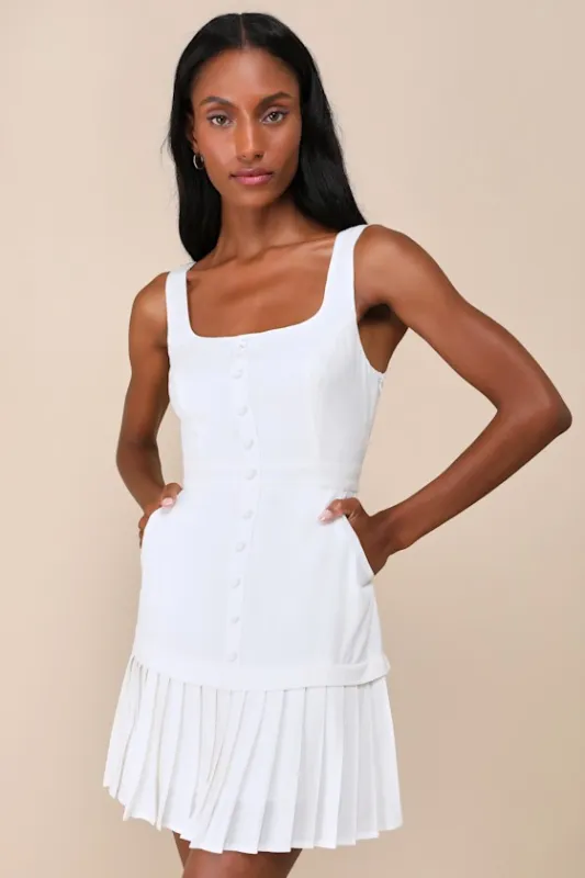 Poised and Chic White Linen Pleated Mini Dress with Pockets sold by Lulus