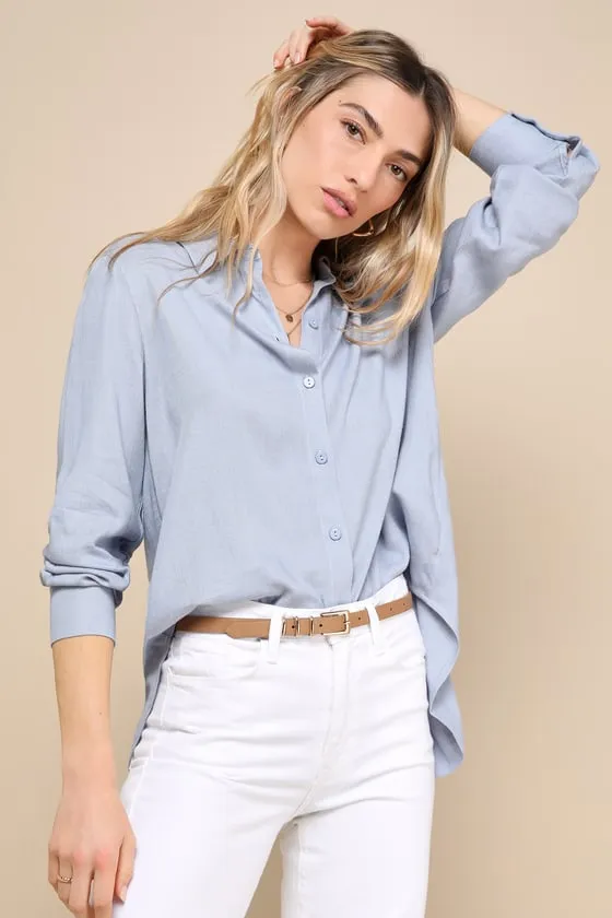 Notable Aesthetic Light Blue Linen Collared Button-Up Top sold by Lulus