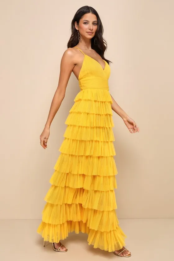 Radiant Event Yellow Mesh Tiered Ruffled Backless Maxi Dress sold by Lulus